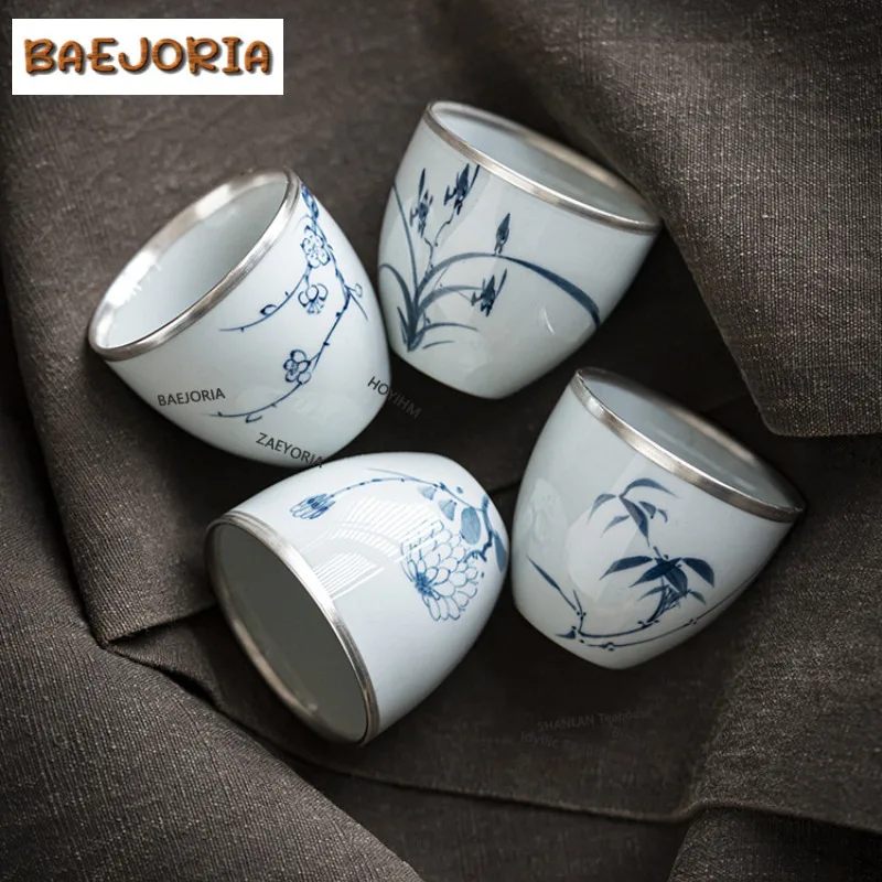 75ml Blue And White Tracing Silver Teacup Japanese Tea Bowl Cup For Tea Tea-tasting Smelling Cup Chazhan Master Cups For Tea
