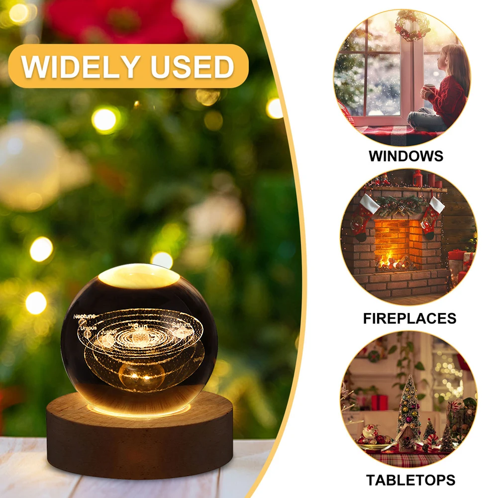 LED Crystal Ball Night Light Milky Way System Crystal Ball Glowing Planet Nightlight with Wooden Base USB Charging Gift for Kids