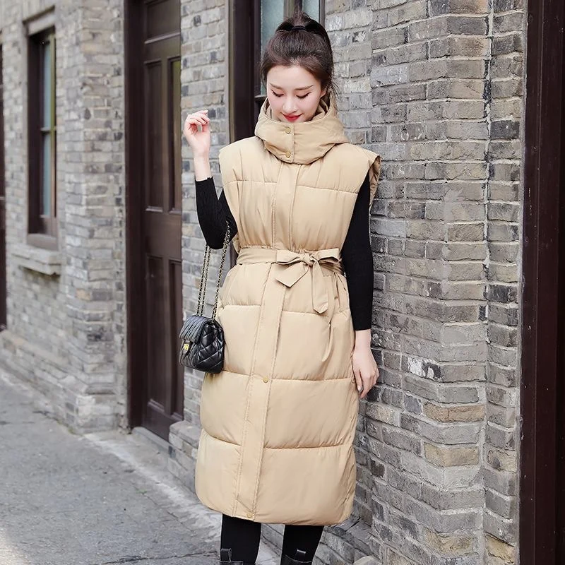 Fashion Hooded Long Vest Women New 2024 Winter Thick Warm Cotton Padded Jacket Woman Sleeveless Coat Female x-long Waistcoat