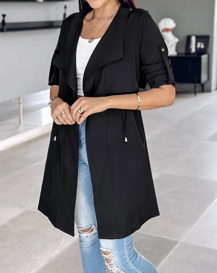 Urban Fashion Elegant Coat 2024 Autumn Winter Casual Female Clothing Outfits Roll Tab Sleeve Drawstring Trench Jacket Top