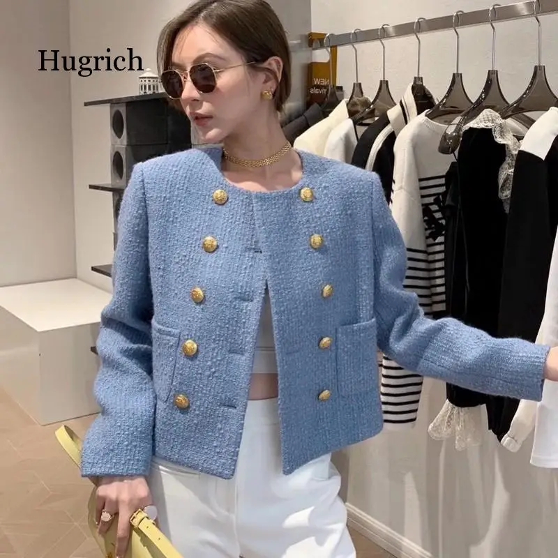 

Spring Korean Women's Clothes Pocket Tweed Double Breasted Ladies Coat Outerwear Blends Wool Female Elegant Luxury Jacket Top
