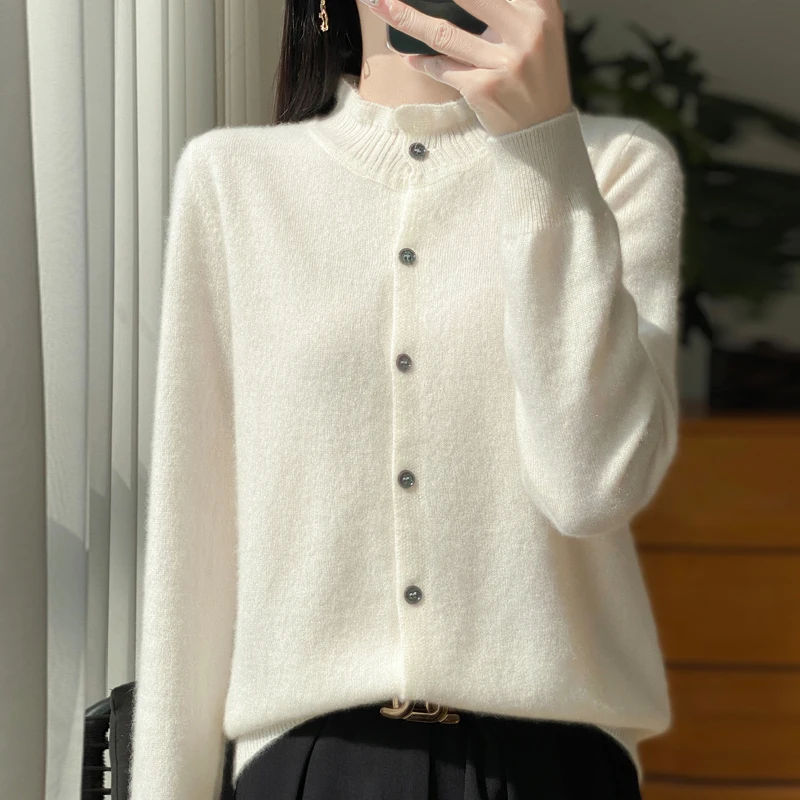 

Cardigan for Women Tops Mock Neck Sweater Knitwears Cardigans Knit Coat100%Wool 2025 Spring Jumper Jacket Clothes Korean Fashion