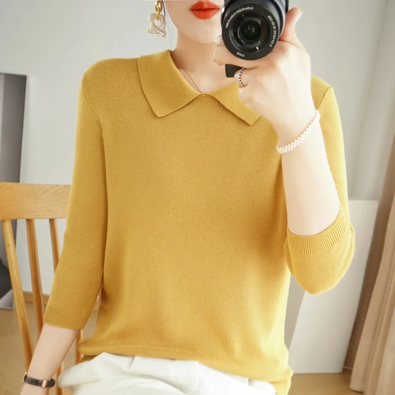 POLO Collar Women\'s Knitted Sweater Cashmere Blend Autumn And Winter New Solid Color Simple Inner Slimming And Age-reducing Top