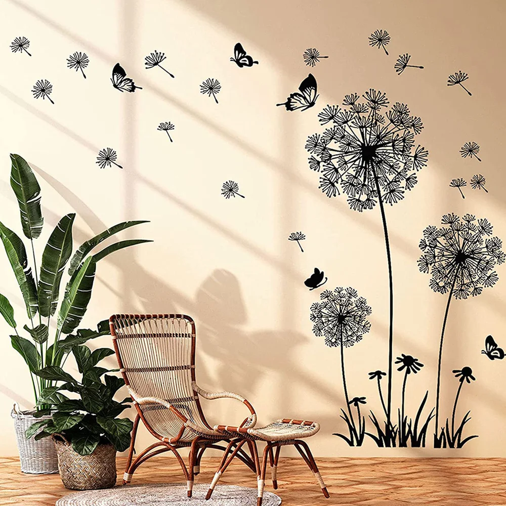 Black Dandelion Wall Sticker Flying Flowers Butterflies Wall Decals Removable Adhesive TV Background Wallpaper Home Decor