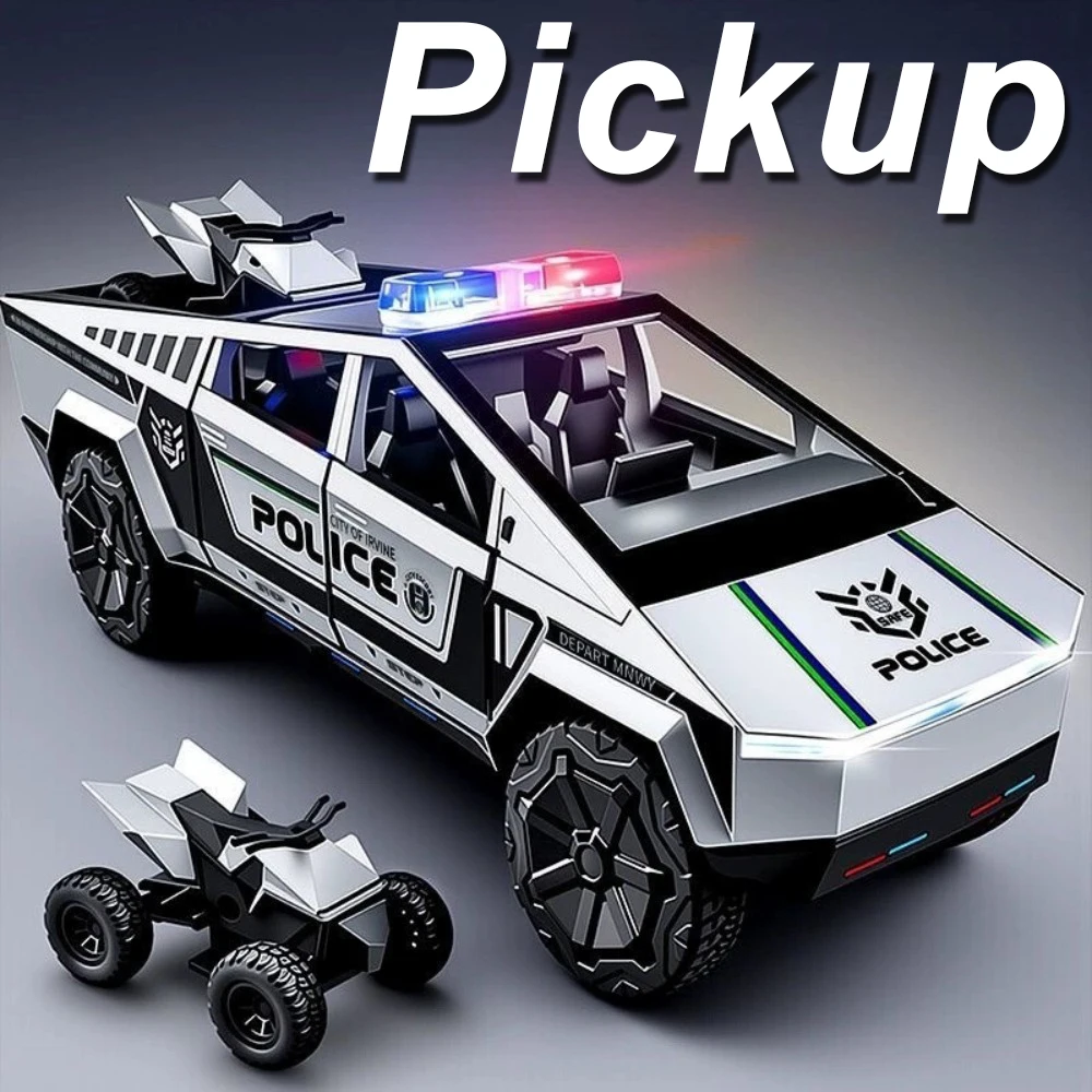 รถกระบะของเล่นโลหะผสมแบบหล่อขึ้นรูป 1:32 รุ่นรถตำรวจ ประตูเปิดได้ มีเสียง มีไฟ แบบดึงหลัง รถจิ๋ว ของตกแต่ง