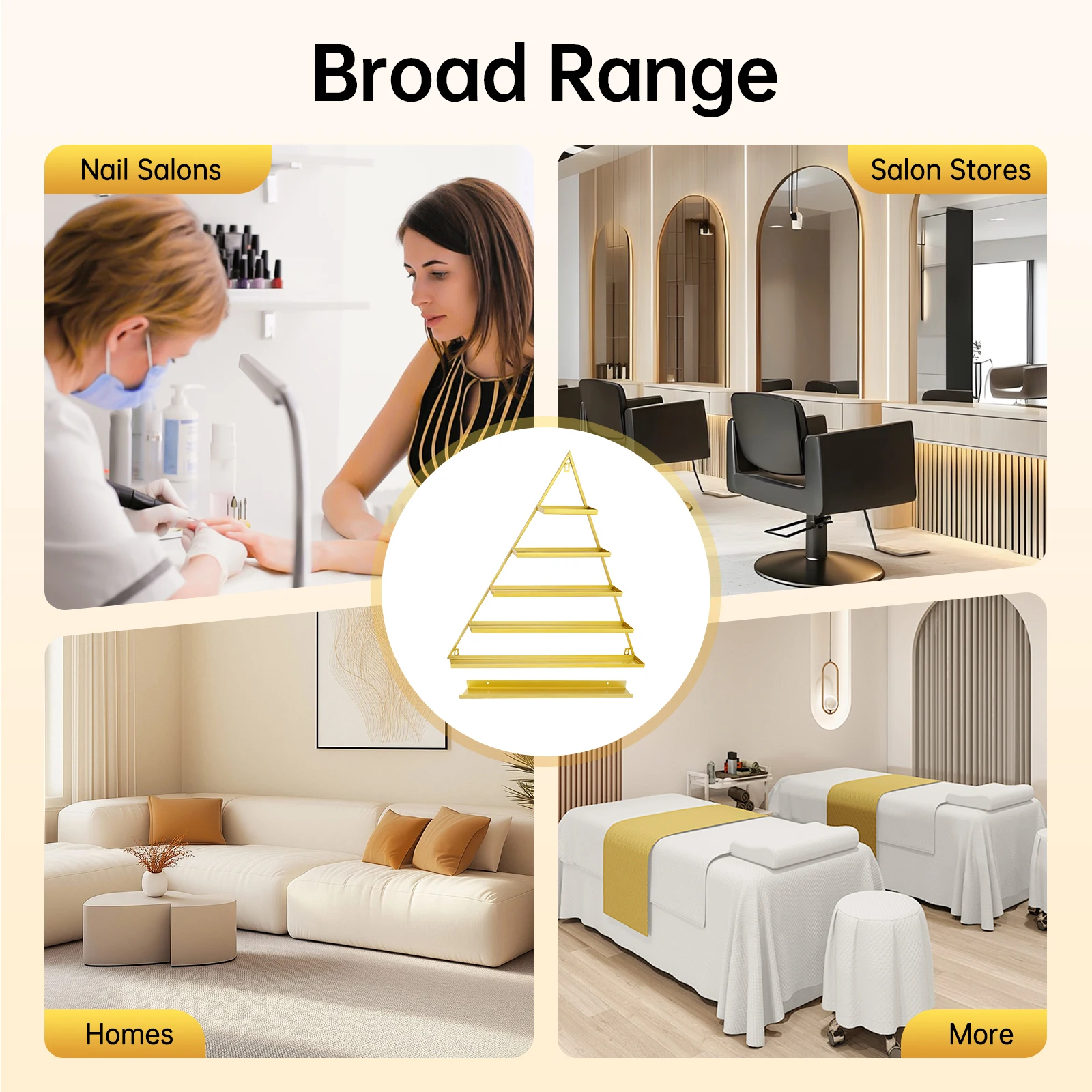 

6 Pieces (3 Triangular Display Shelves and 3 Crossbars) Gold Wall-mounted Nail Polish Display Rack Spacious 5-tier Shelf for Nail Salons, Homes