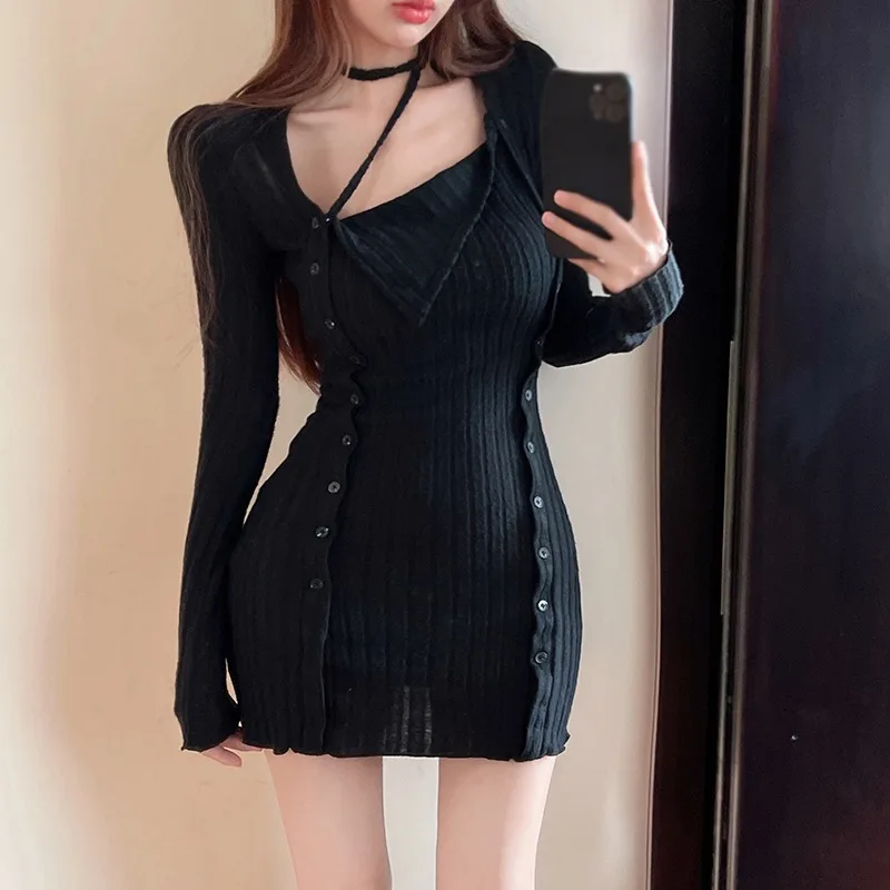 Women Neck Design Sense Long Sleeve Tight Dress Short Split Long Sleeve Base Shirt Top Spice Girl Party Wear Nightclub Summer