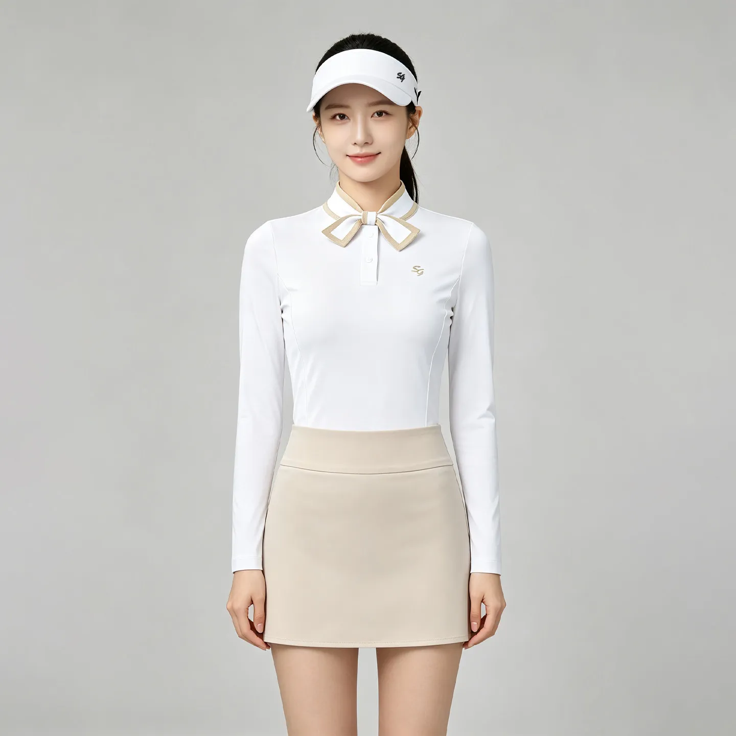 SG Golf Women Spring Autumn Long-sleeve Tops Fashion Bow Tie Sports T-shirt Female Pleated Khaki Golf Skirts with Short and Bag