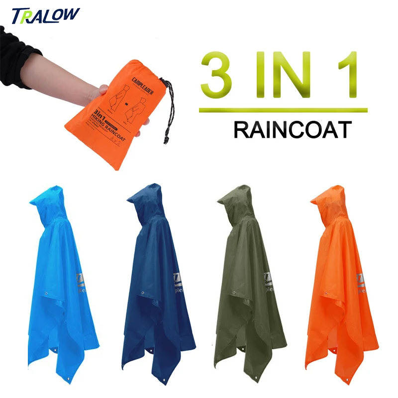 TRALOW 3‑In‑1 Waterproof Hooded Rain Poncho, Portable Emergency Shelter for Motorcycle, Camping, Hiking, Travel Outdoor Rainwear