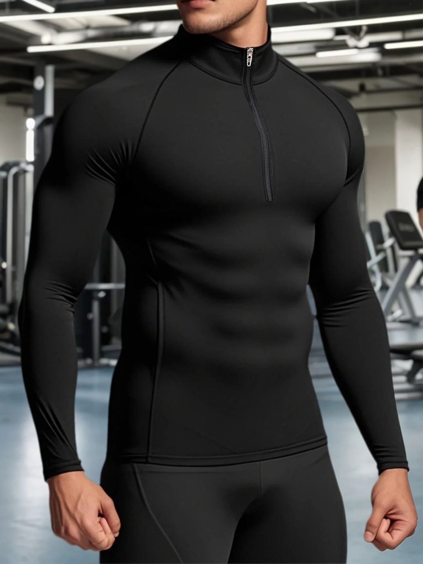 Solid Color Quarter Zip Stand Collar Men Compression Long Sleeve Shirt Raglan Stitching Quick Dry Fabric Athletic Top For Indoor