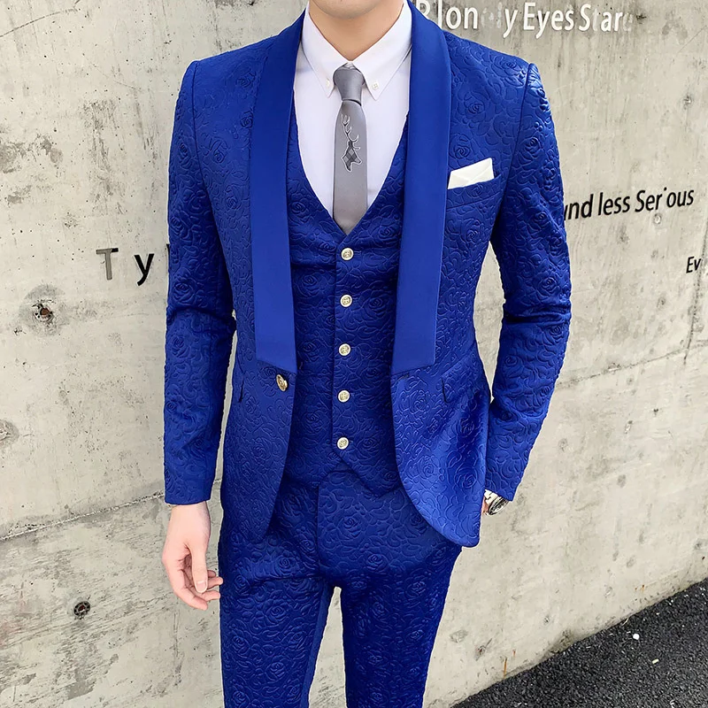 Luxury Blue Suits For Men Black Red White Rose Print Wedding Suits For Men Tuxedo Smoking Homme Mariage Costume 3 Piece Homme