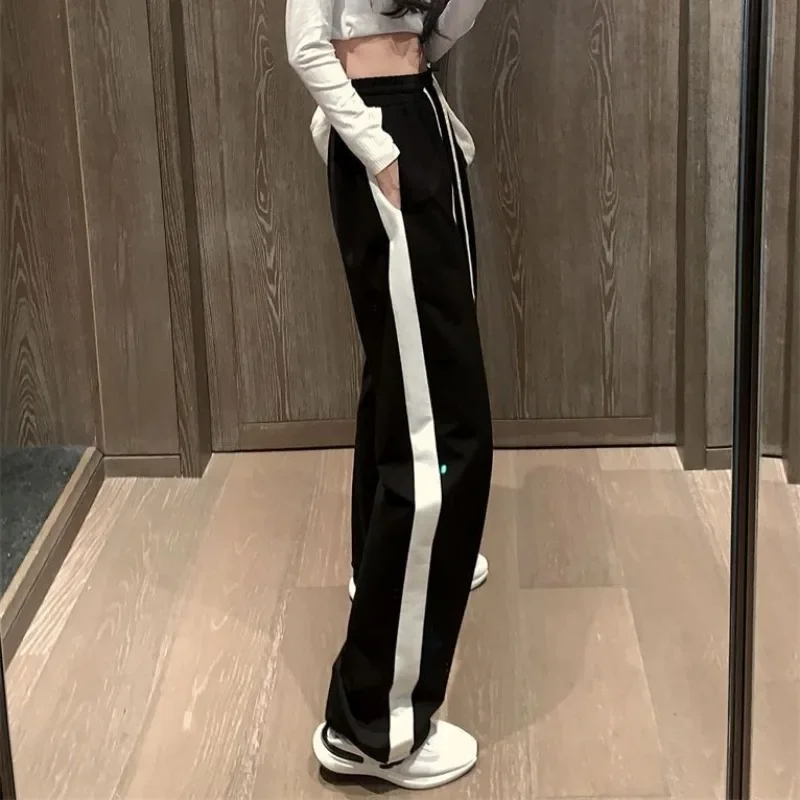 Full Length Pants Women Lace-up High Waist Straight Patchwork Side Striped Korean Style Leisure Fashion Chic All-match Causal