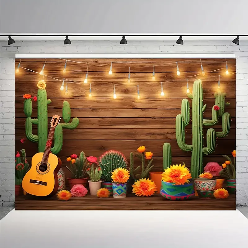 1pc Mexican Fiesta Theme Photography Backdrop Mexico Cactus Guitar Party Background Cinco de Mayo Colorful Flags Paper Flowers B