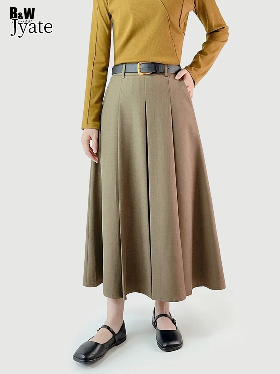 

Jyate Vintage Pleated Skirt With Belt Women's Skirt Elegant Solid Suit A Line Skirts Spring And Summer New Woman Clothing 2024