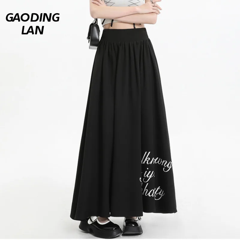 

GAODINGLAN Fashion Letter Print Black Skirt Women Elastic High Waist Solid Skirts Summer Y2k Large Hem Female Long Skirt Korean