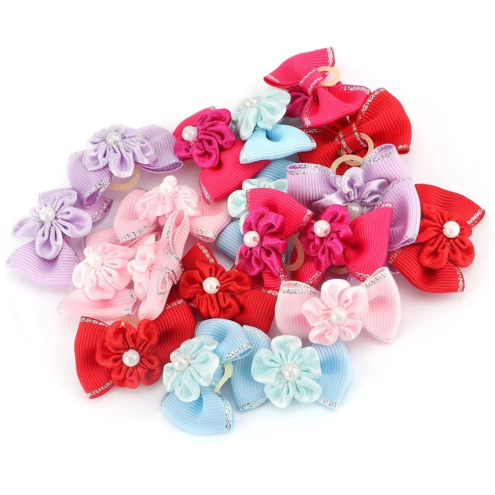 20pcs Cloth Fabric Pet Hair Accessories Multicolor Mini Size Flower Hair Tie Bow Shape Elastic Band Teddy Bowknot Photo Taking