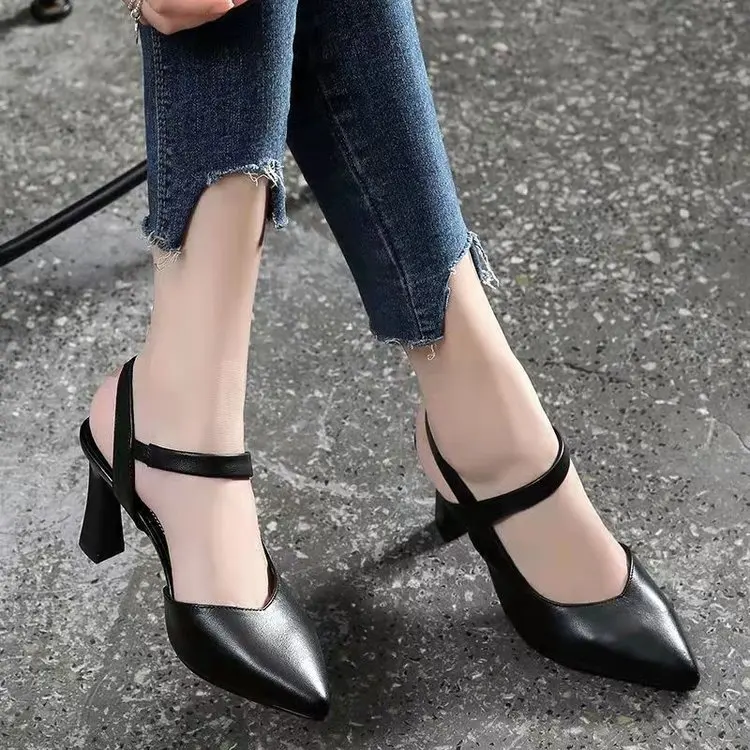 2023Soft Leather Solid Color Sandals Women  Summer New Style Thick Heels with Baotou Fashion High-heeled Women's Shoes