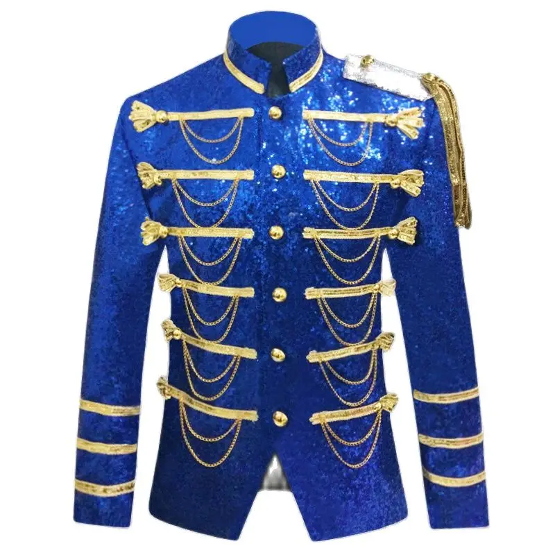 Blazer à paillettes brillantes pour hommes, veste trempée, smoking militaire JOMilitary, cosplay de boîte de nuit, spectacle sur scène