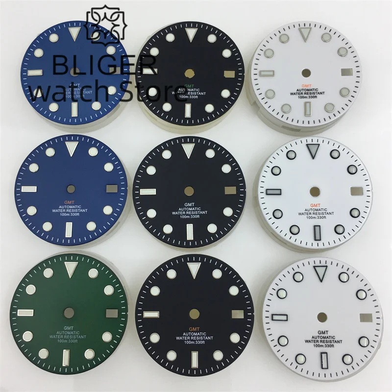 BLIGER Watch Dial 29mm NH34 NH35 Dial Green Blue Red Black Orange GMT Mark Dial Fit GMT NH34 NH35 Movement Green Luminous