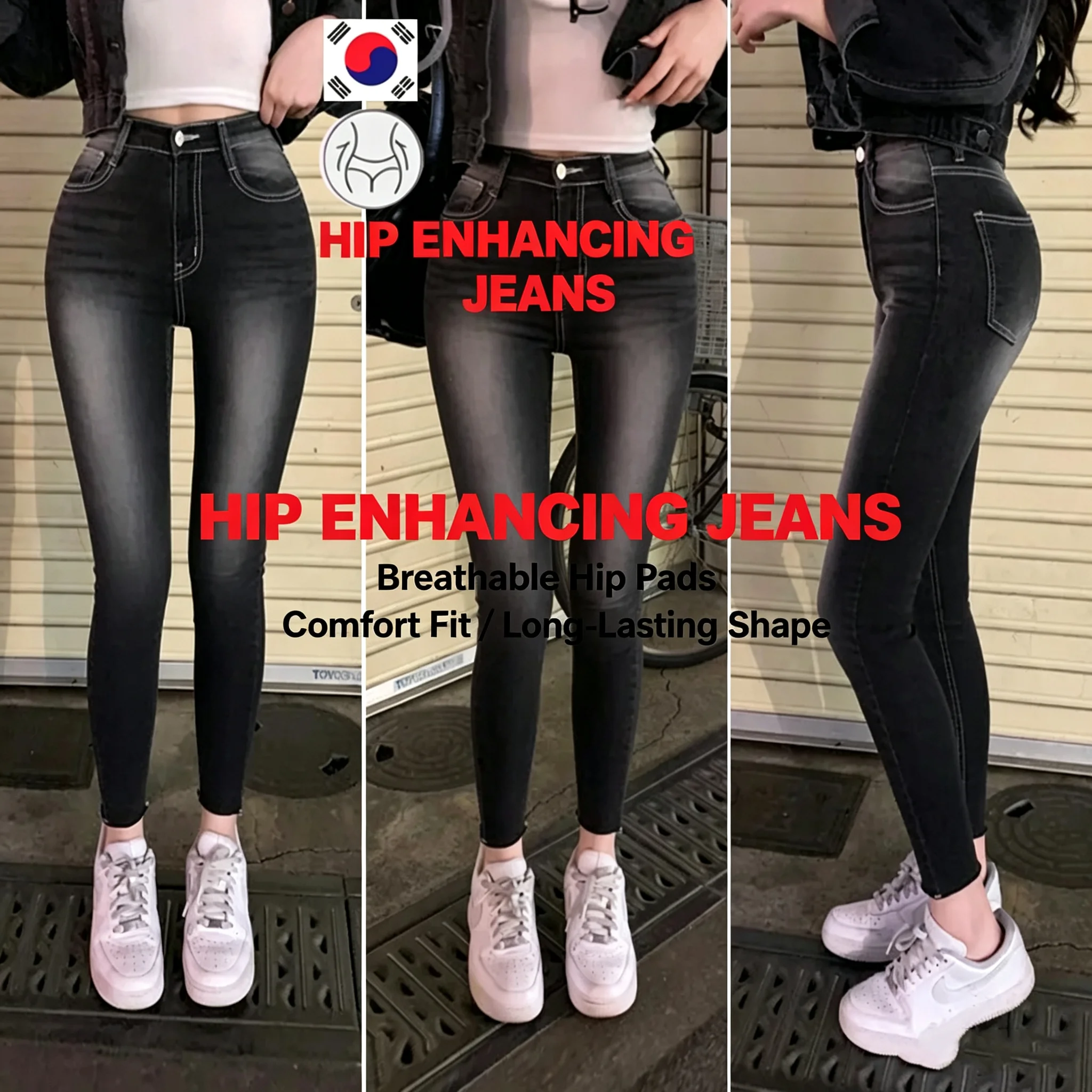 Slim Fit High Waist Denim Jeans Retro Washed Nine Points Skinny Jeans Pencil Pants Flared Legs Casual Style No Fleece