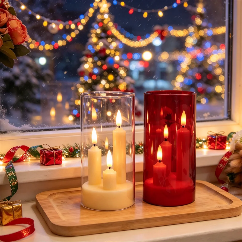 LED 3-in-1 Acrylic Taper Candles Flameless Battery Operated with 3D Flickering Wick for Home Decor Holiday Wedding Centerpieces