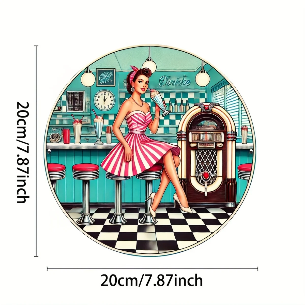1pc 8x8 Inch (20x20 cm) Retro Diner Style Aluminum Wall Art, Vintage Pink Dress Milkshake Metal Tin Sign for Home, Dessert Shop,