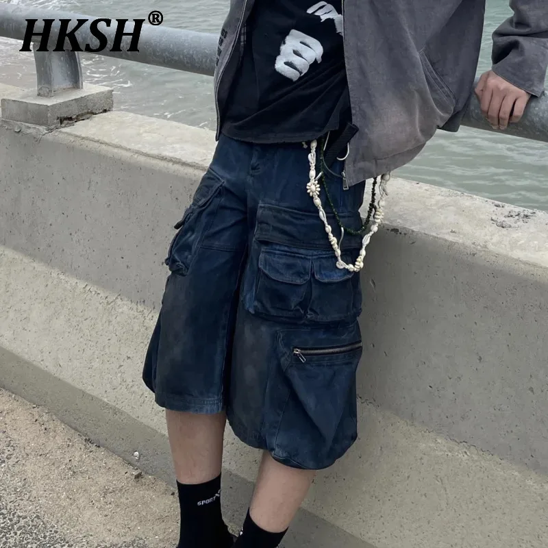 HKSH Men's Tide Punk Summer Spring Dirty Coating Heavy Industry Washing Denim Shorts Safari Style Tactical Multi Pockets HK1324