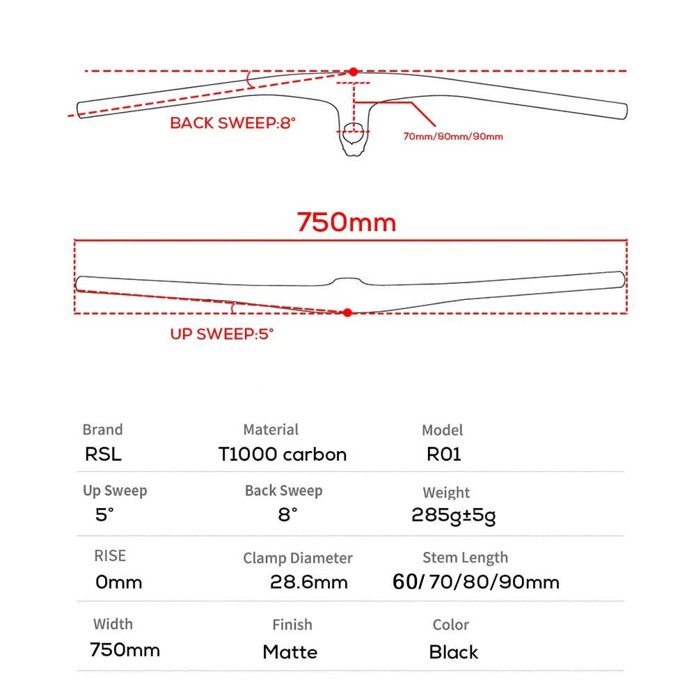 FOR RSL Mtb Handlebar Integrated Full Carbon Cockpit RSL Mountain Handlebar - 13 Degree Stem 60mm/70mm/80mm/90mm*750/800mm