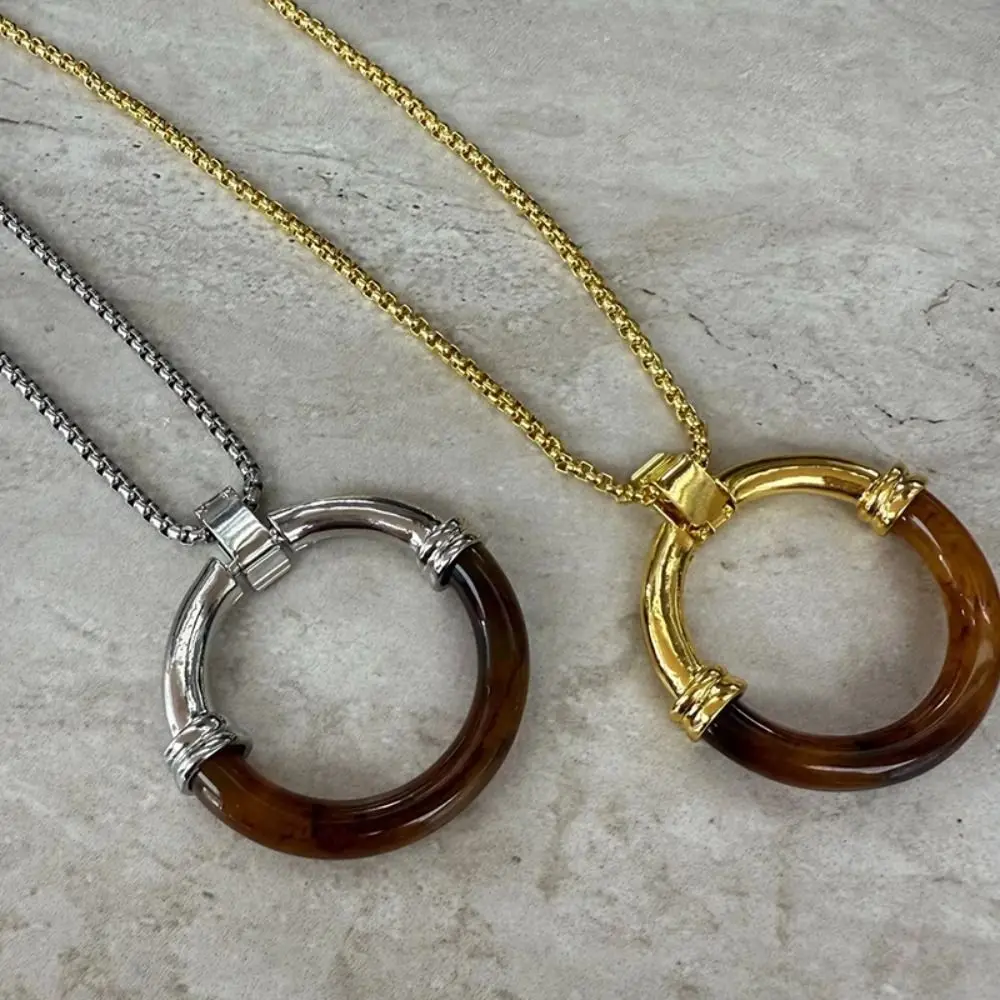 

Circle Pendant Amber Splicing Necklace Y2K Stainless Steel Chain Long Chain Necklace Korean Style Jewelry Accessories