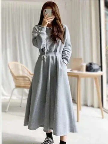 Spring New plus Size A-Line Dress Hooded Sweatshirt Dress Casual Thin Loose High Waist Long Sleeve Polyester Fiber Dress
