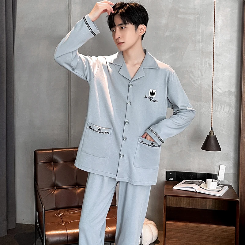 Spring and autumn men's long-sleeved pajamas two-piece night suit casual sleepwear solid color cotton nightgown set