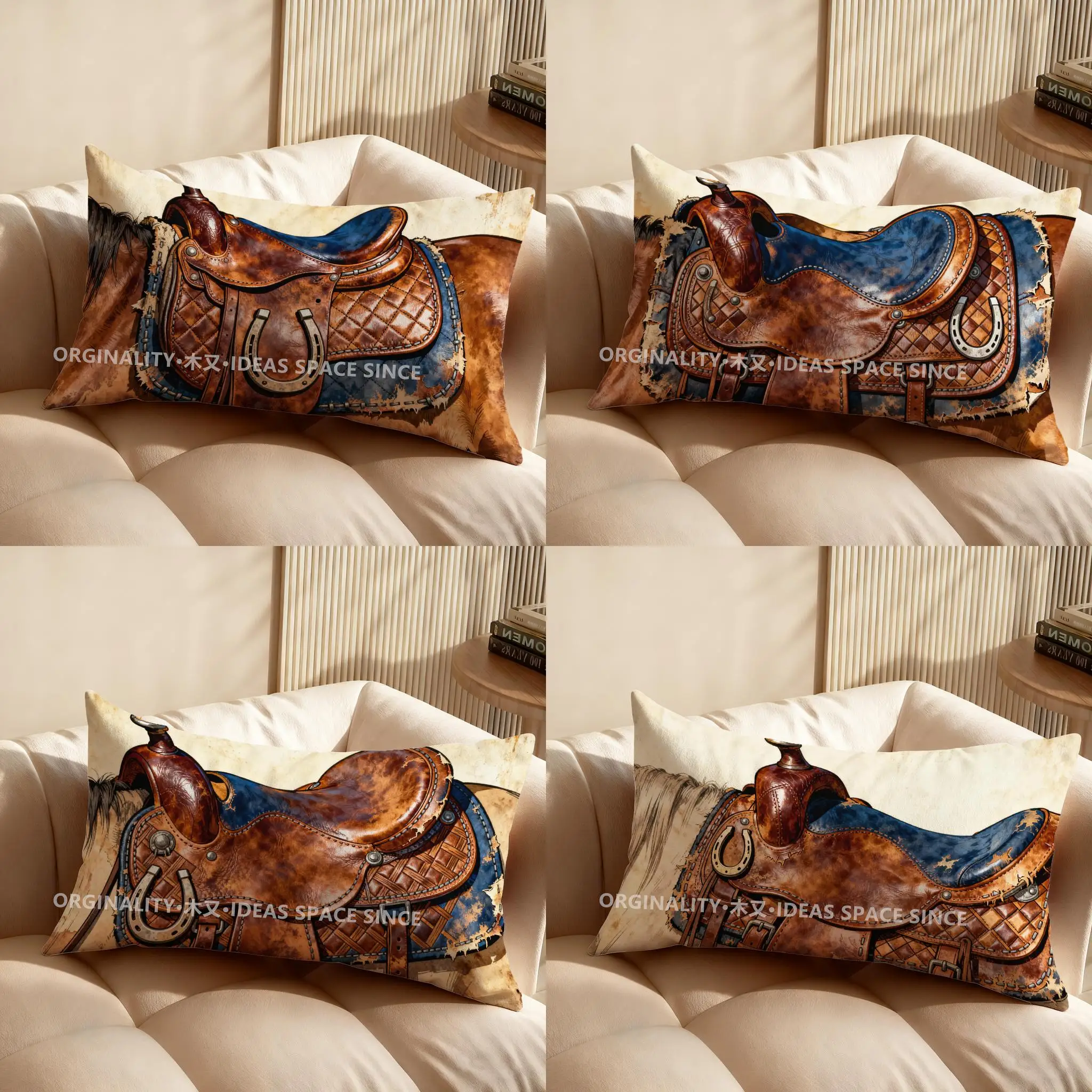 

2D-наволочка в деревенском стиле с изображением седла и лошади, подходит для дивана, спальни, автомобиля, прямоугольная подушка для спины