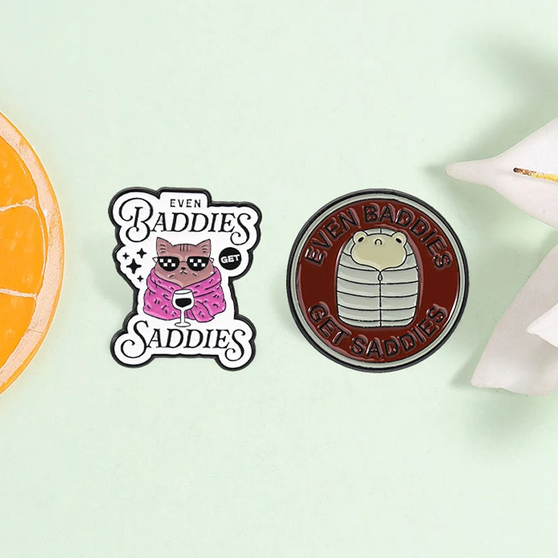 Even Baddies Get Saddies Enamel Pins Sleeping Bag Frog Cool Cat Crying Skull Brooches Lapel Badge Jewelry Gift for Friends ﻿
