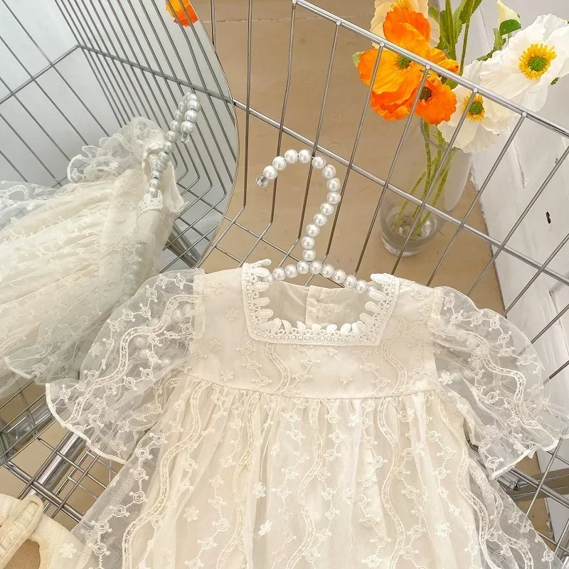 INS Newborn Baby Girl Romper 0-24Months Princess Kids Short Sleeve Lace Embroidery Flower Dress Bodysuit Outfits Summer Clothes