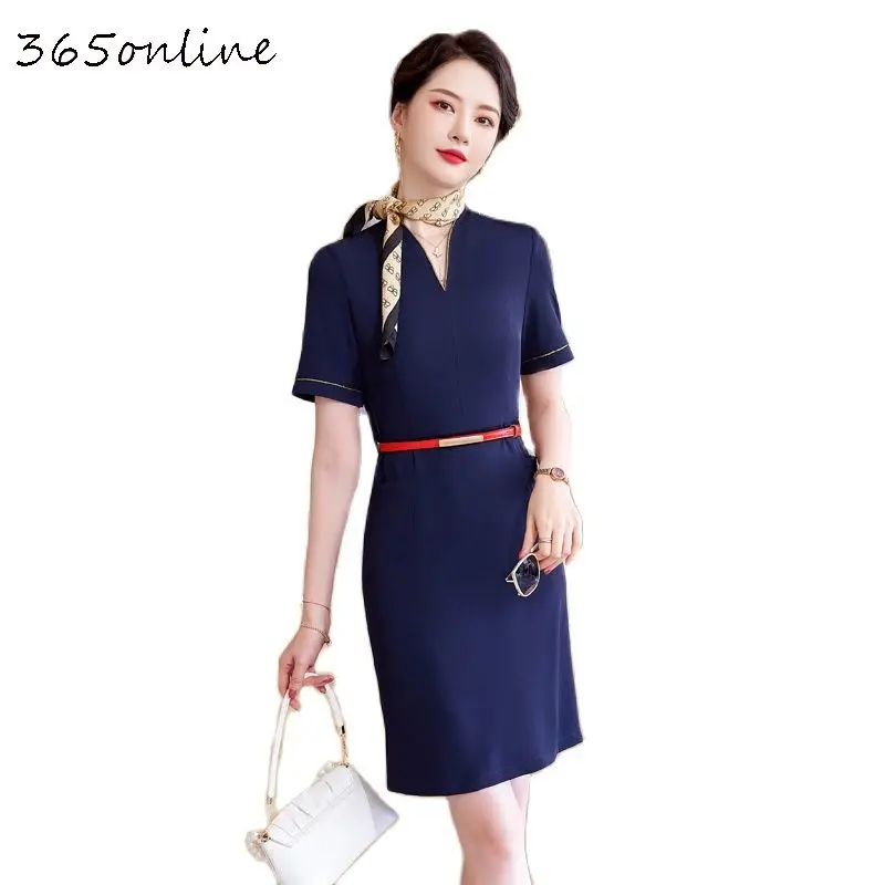 

Summer Short Sleeve Dresses Slim Hips Dress OL Styles Women Business Work Wear Professional Beauty Salon Vestido with Belt Scarf