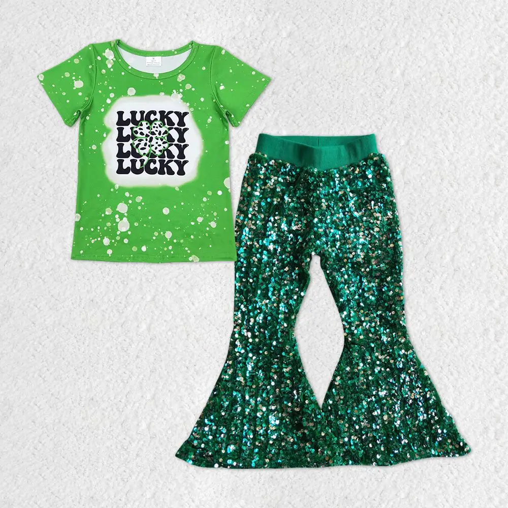 Wholesale Baby Girl St. Patrick's Day Outfit Short Sleeves Green Shirt Kids Sequins Bell Bottom Pants Toddler Children Set