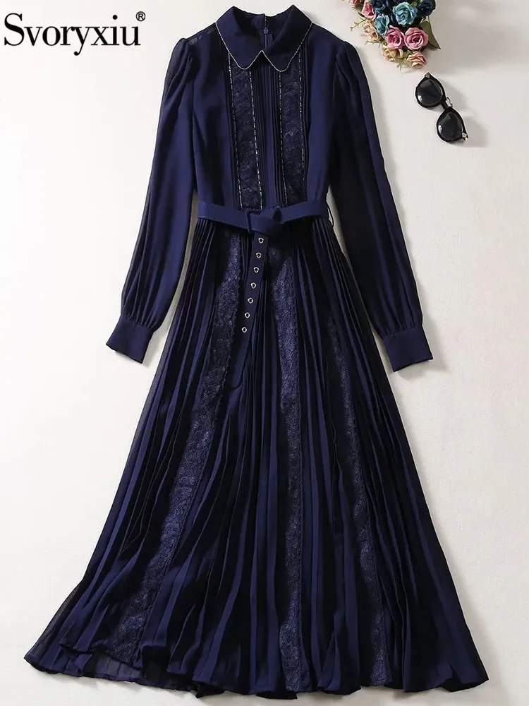 

Svoryxiu Autumn Runway Fashion Dark Blue Elegant Long Dress Women's Turn-down Collar Lace Embroidery High Waist Big Swing Dress