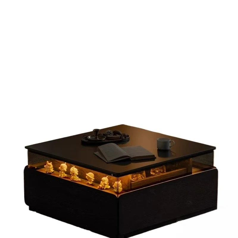 

Square rock slab coffee table, lighting atmosphere solid wood with pumping, black modern minimalist home living room