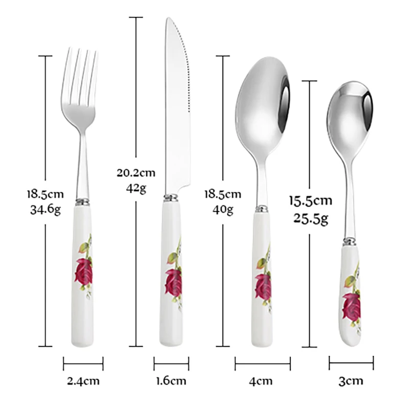 24Pcs Luxury Tableware Set Stainless Steel Cutlery Ceramic Handle Knife Fork Coffee Spoon Vintage Pattern Tableware Cutlery Set