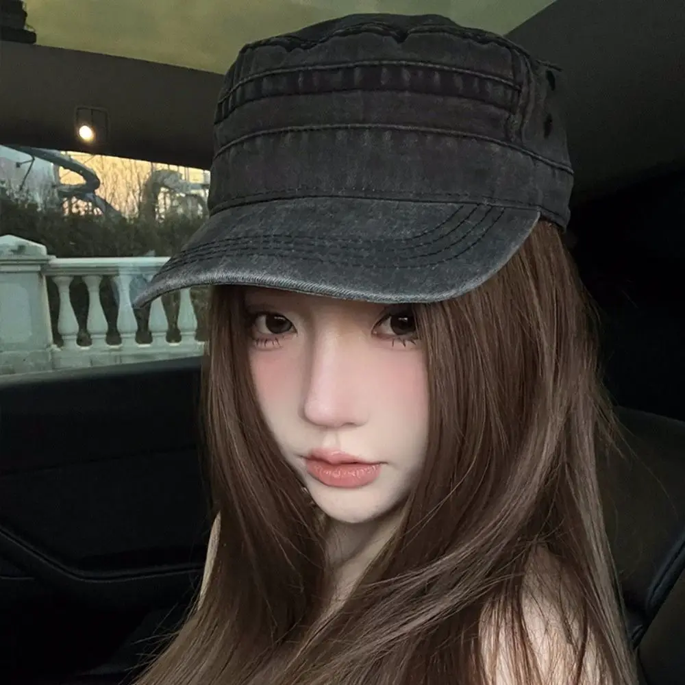 

Casual Vintage Flat Top Hat Y2k Washed Cotton Visor Hat Streetwear Gothic Cadet Cap Unisex