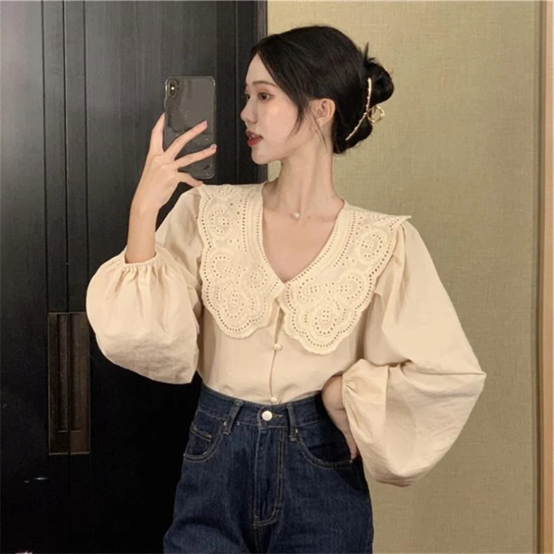 

2025 Spring Fall Women Sweet Laies Vintage Embroidery Full Lantern Sleeve Top T Shirt , Woman Clothes Cardigan Tops Shirts