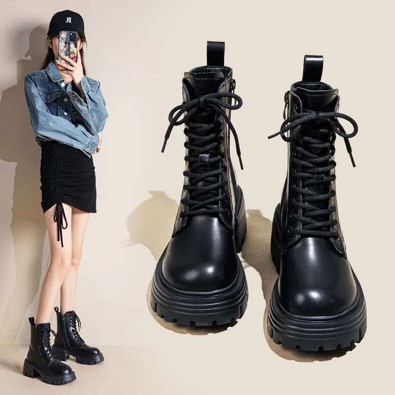 

Женские сапоги из натуральной кожи и британского стиля. Новые короткие сапоги на высоком каблуке, увеличивающие рост весенне-осенние сапоги.