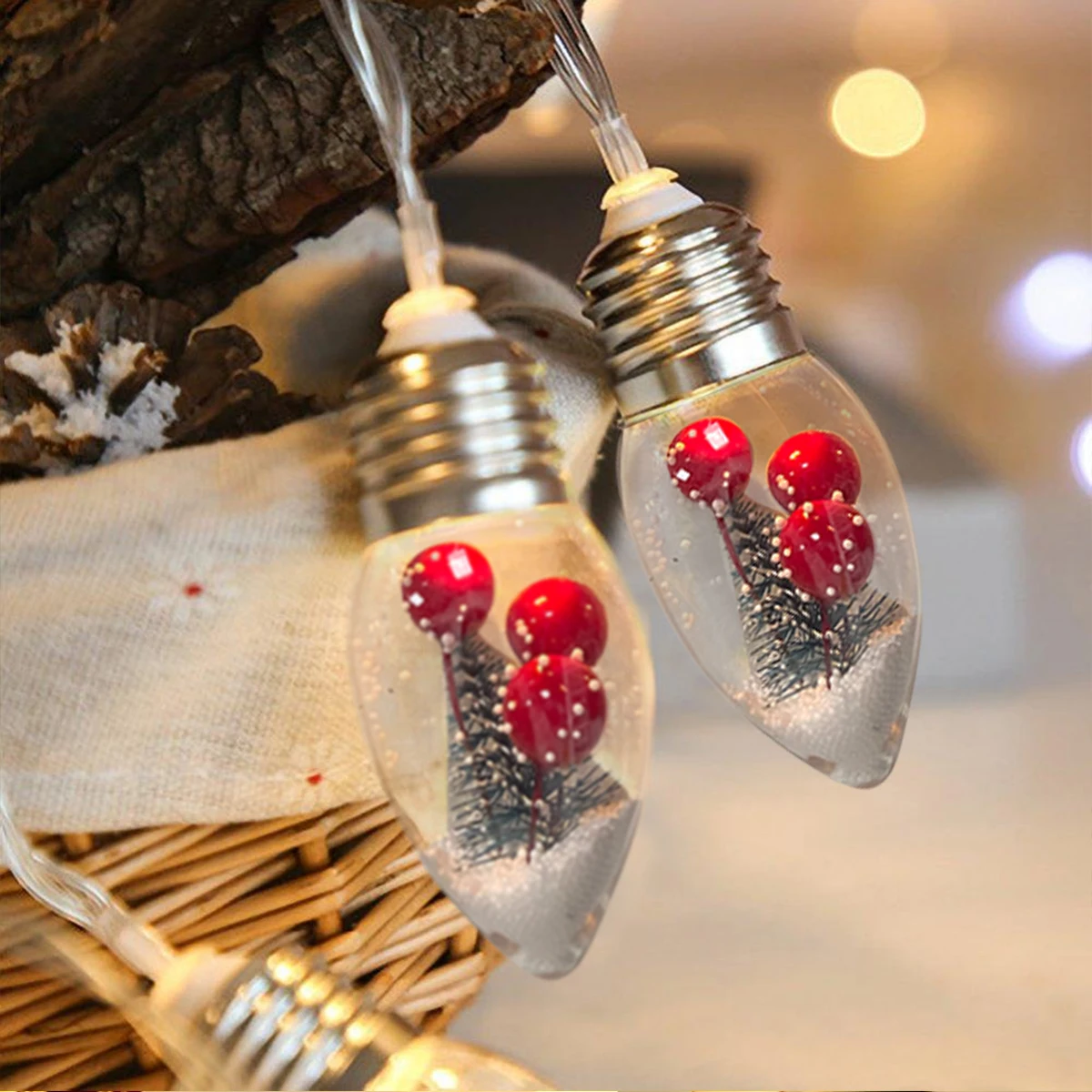 1pc LED Christmas Snowball Bulb String Light With Xmas Tree And Red Berries Holiday Fairy Lights Battery Powered For Home Decor
