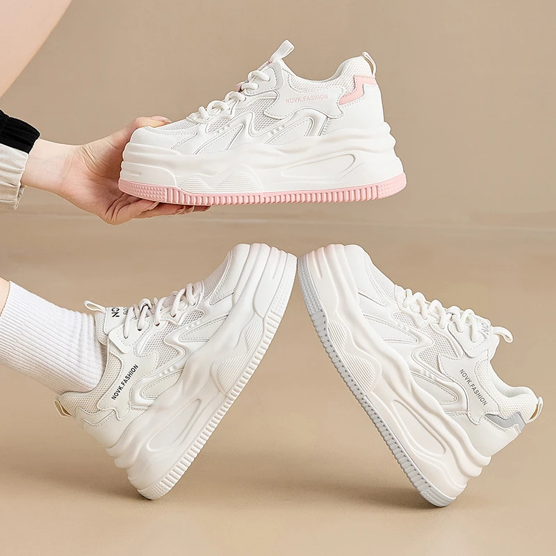 

Chunky Sneakers Breathable Mesh And Leather Upper Lace Up Design With Two Tone Color Options Pink White And White Grey Casual S