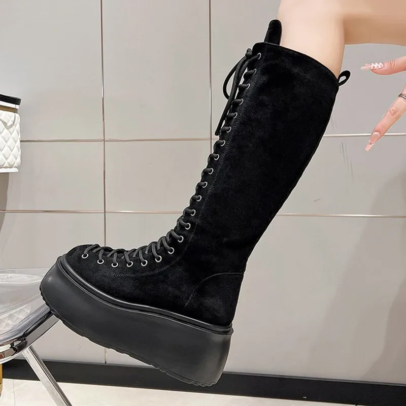 Side Zipper 8cm Platform Women Boots Knee High Motorcycle Boots Black Lace Up Long Boots Suede Leather NEW Autumn Winter Shoes