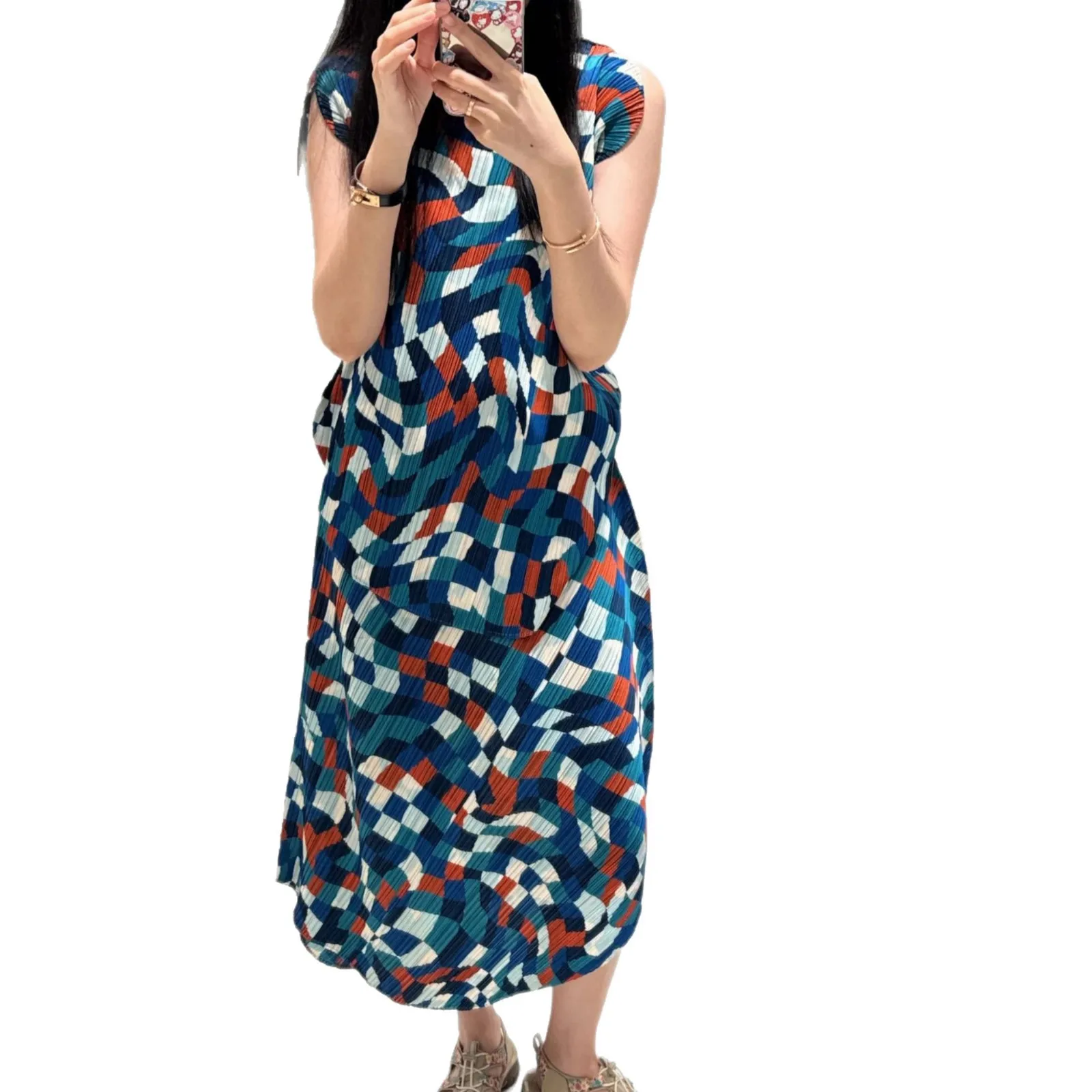 Miyake Pleated Women's Casual Suit 2026 Japanese Design Irregular O Neck Short-sleeved Top + Skirt Mosaic Print Two-piece Set