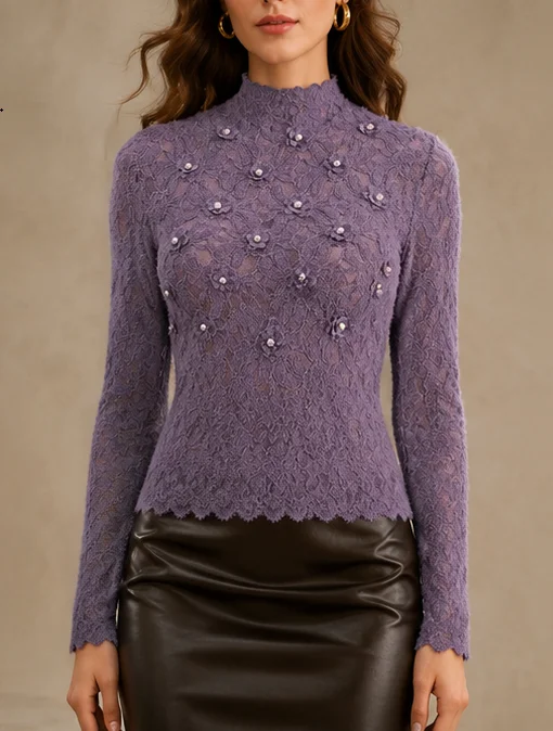 Romantic 3D Floral Lace High Neck Blouse Women Sexy Elegant Purple Slim Fit Party Base Tops