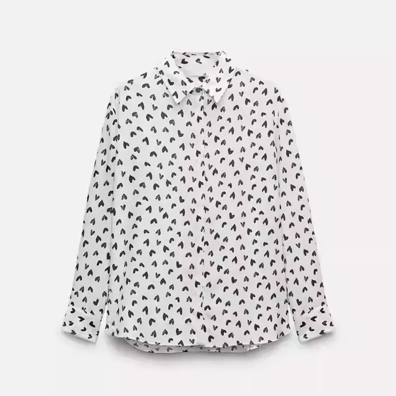 

Summer 2024 New Women's ZW Series Heart Print Blouse Loose Fit Long Sleeve UV Protection Fashionable Versatile Polyester Shirt