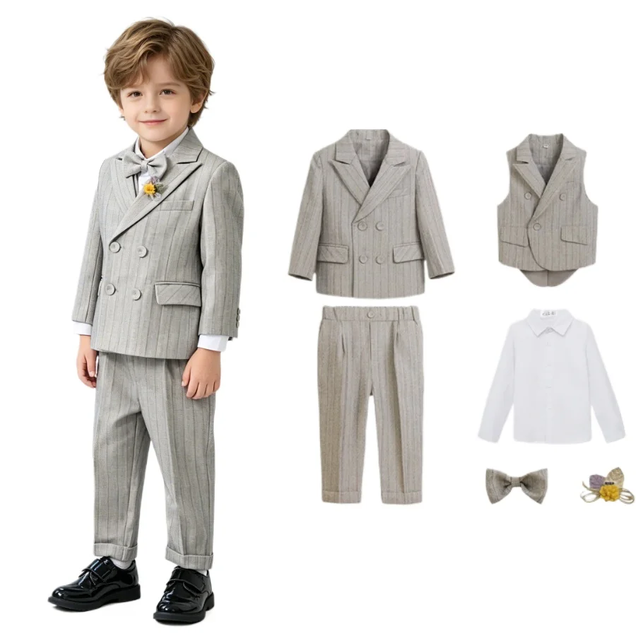 

Boys Striped Formal Suit Set Double Breasted Blazer Pants with Bow Tie Gentleman Outfit for Kids Wedding Birthday Party Costume