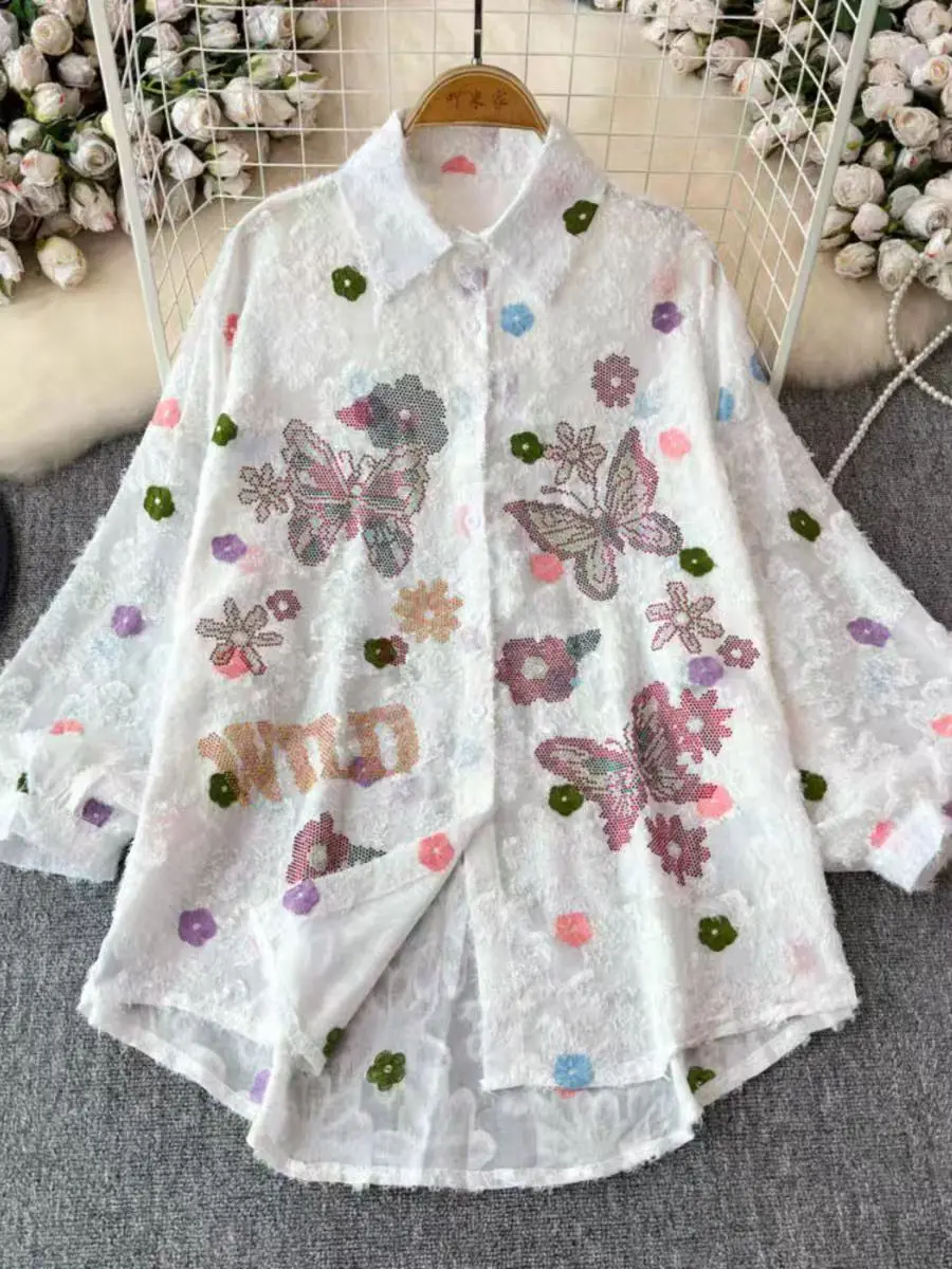 New 2024 Autumn Embroidery Sequined Hot Drilling Loose Casual Shirts Woman Mid-length Single Breasted Blouses Ladies Top Blusas